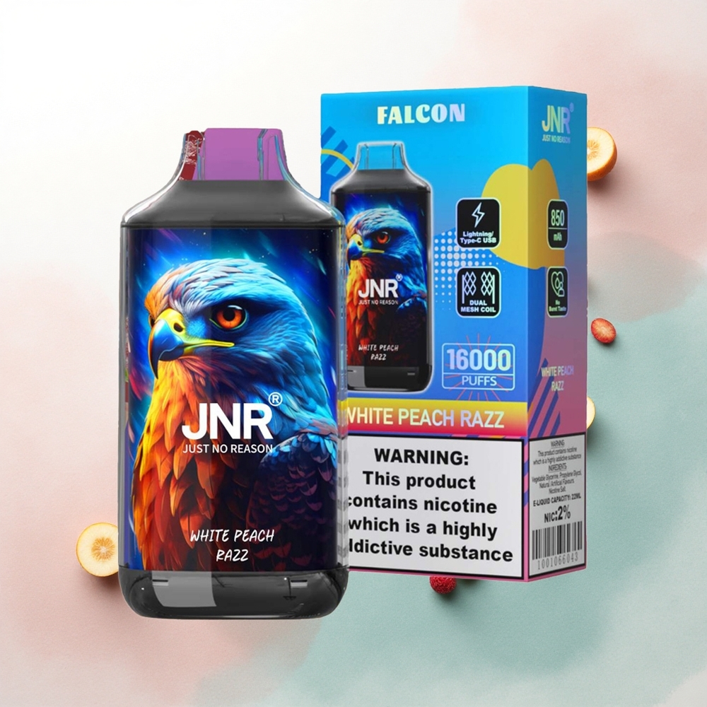 JNR Falcon 16000 White Peach Razz Dual Mesh Coil 22ml Nicotine 0% 2%