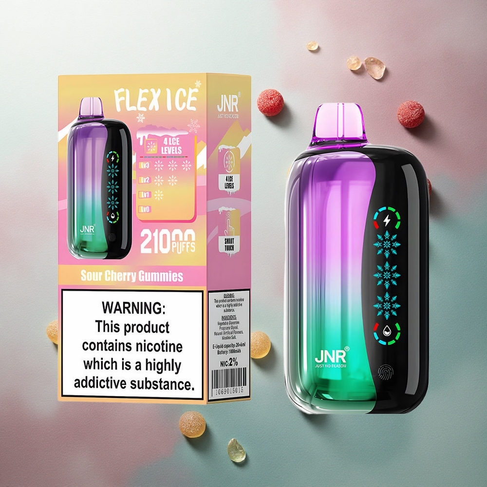 JNR Flex Ice 21000 Sour Cherry Gummies Adjustable Ice Dual Mesh 1.2 Ohm Nicotine 0%-5%