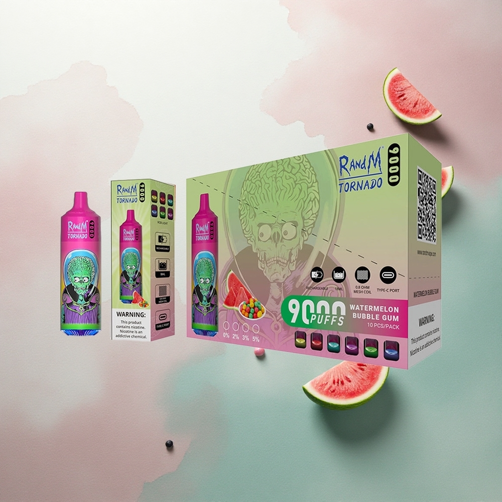 RandM Fumot Tornado 9000 Puffs Watermelon Bubble Gum Mesh Coil 18mL 850mAh Rechargeable