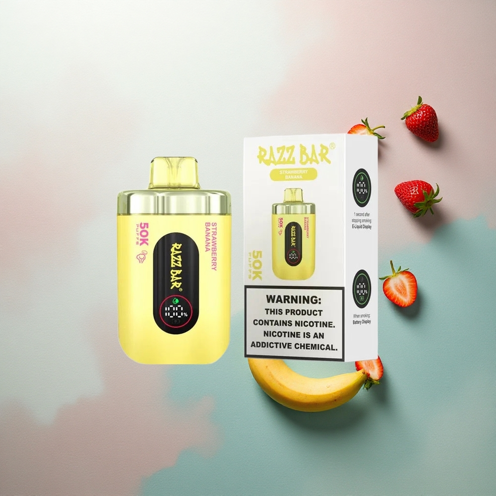 Razz Bar 50K Puffs Strawberry Banana Mesh Coil 650mAh Rechargeable 2% Nicotine