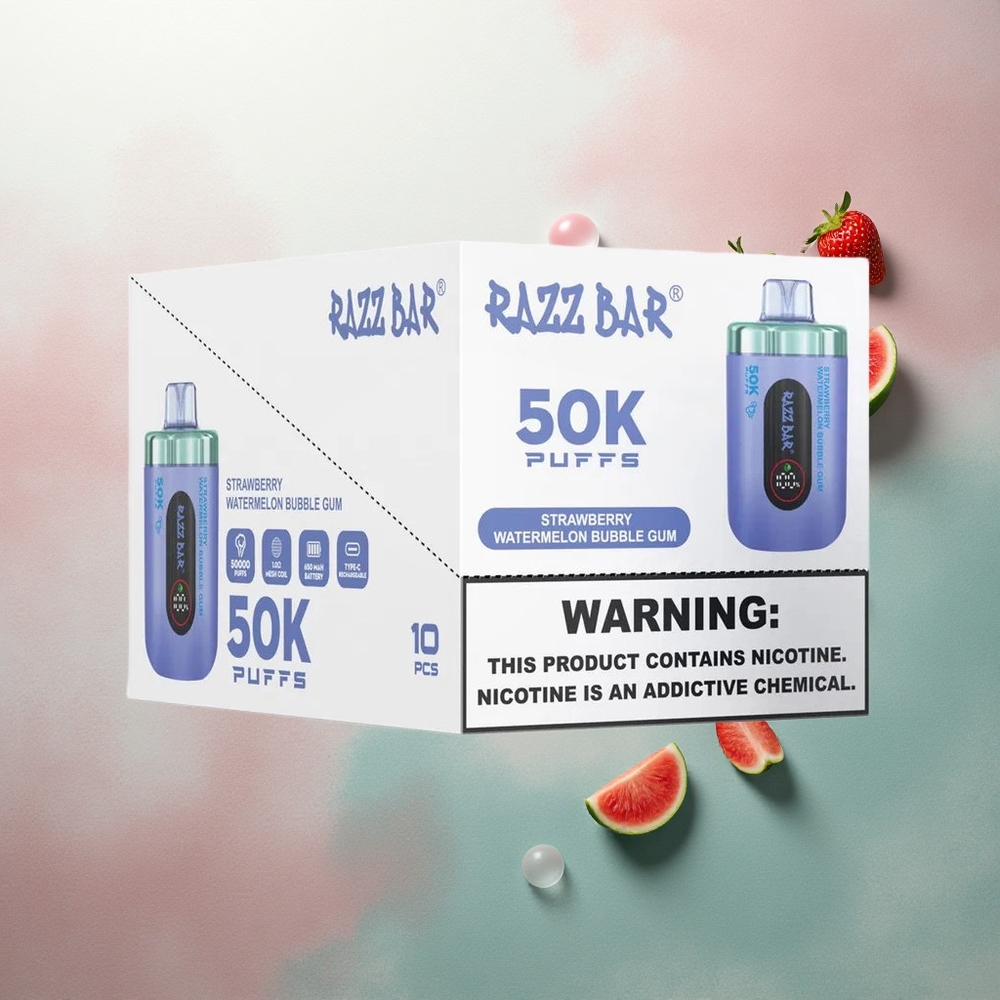Razz Bar 50K Puffs Strawberry Watermelon Bubble Gum 2% Nicotine 650mAh Type-C