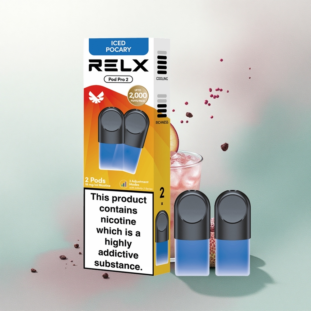Relx Pod Pro 2 Vape Device Beverage-Iced Pocary 18mg/ml Nicotine 1.9ml Capacity 3 Voltage Modes